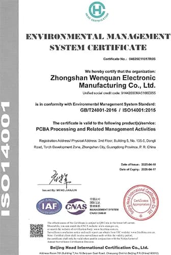 ISO 14001 certificate evidence for the Zhongshan PCBA facility