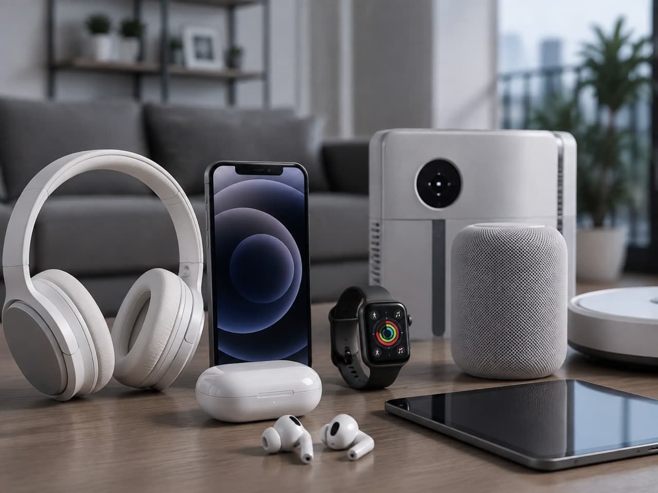 Headphones, smartphone, smartwatch, smart speaker and tablet representing consumer electronics PCB applications