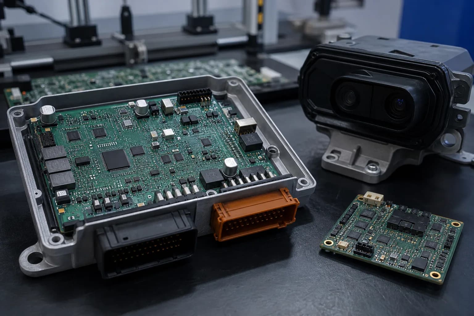 Automotive ECU and ADAS sensor PCB assemblies on a validation bench