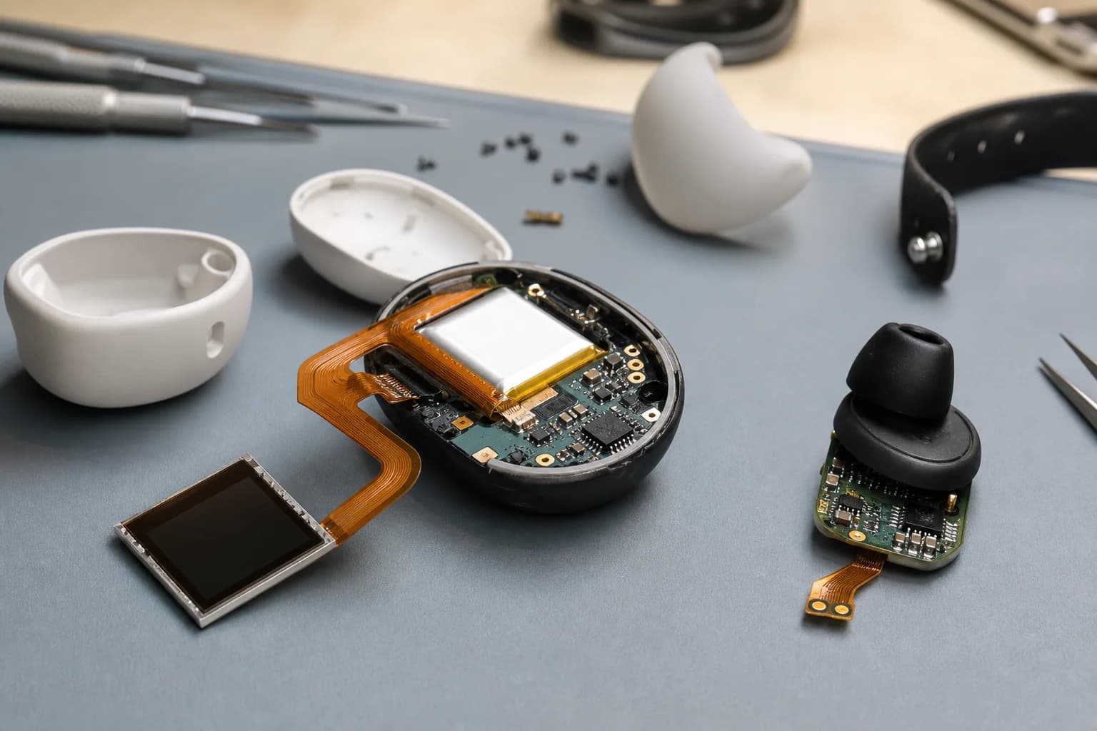 Wearable electronics with compact rigid PCB and flex circuit around a battery