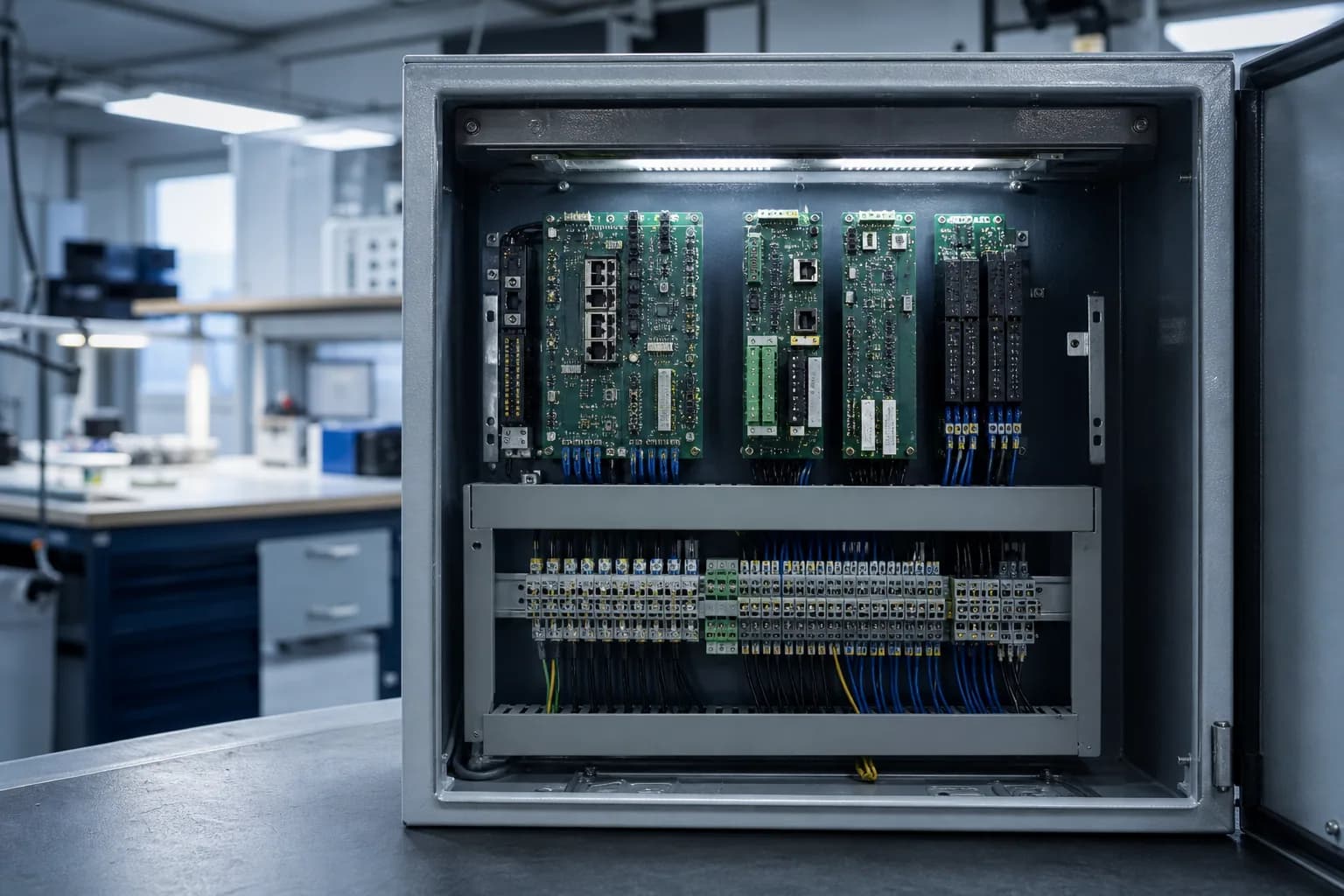 Industrial control cabinet with PLC and gateway PCB assemblies in an engineering lab