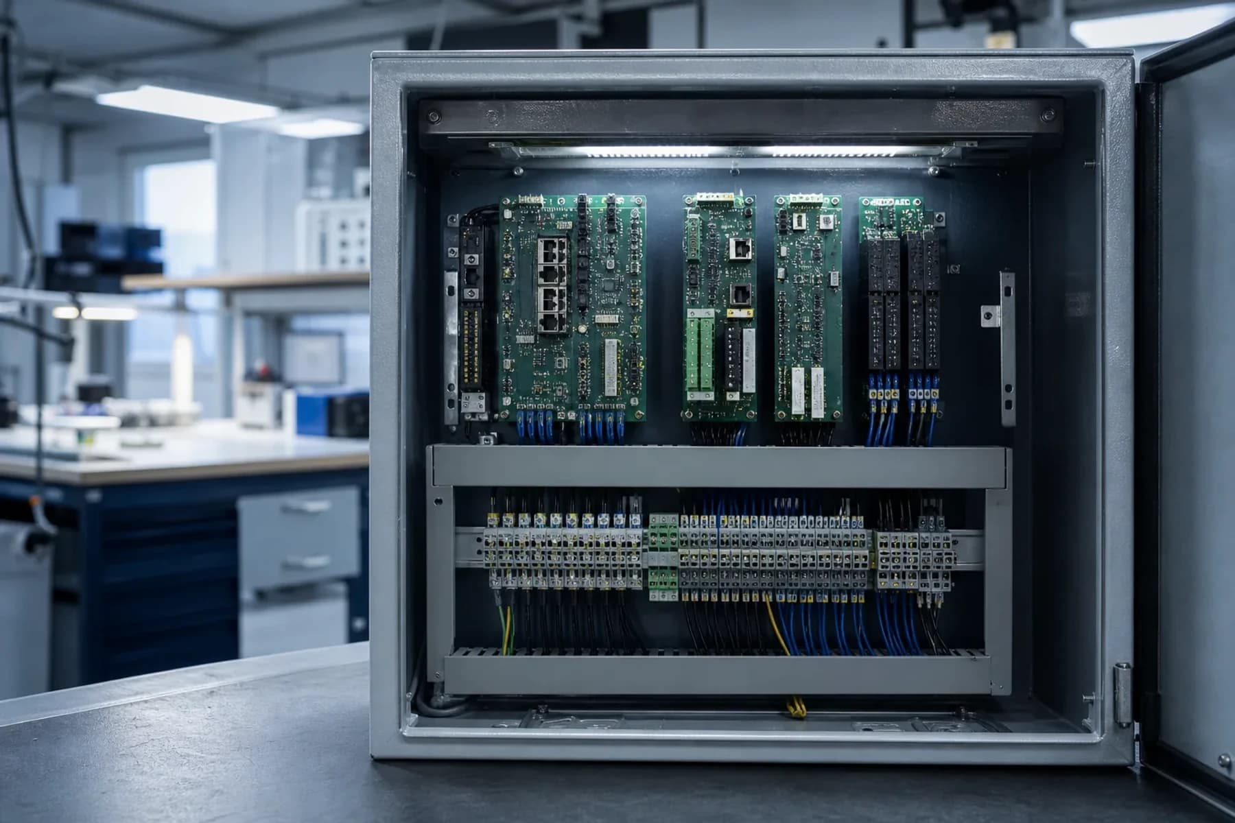 Industrial control cabinet with PLC and gateway PCB assemblies in an engineering lab