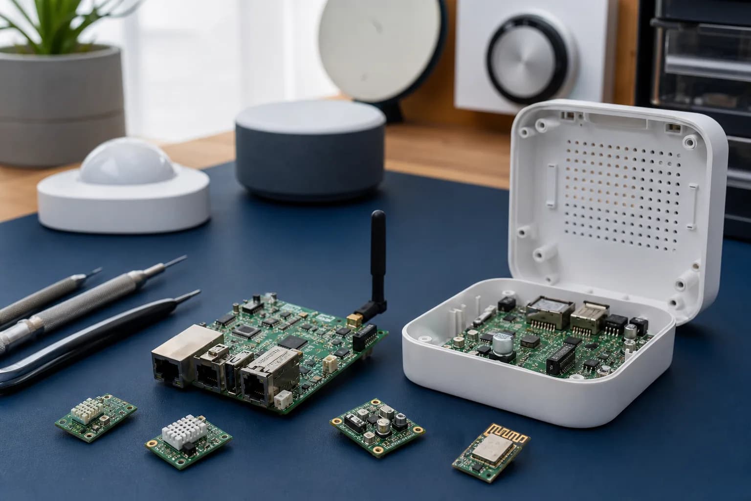 IoT sensor modules and smart gateway PCB inside a connected-device enclosure
