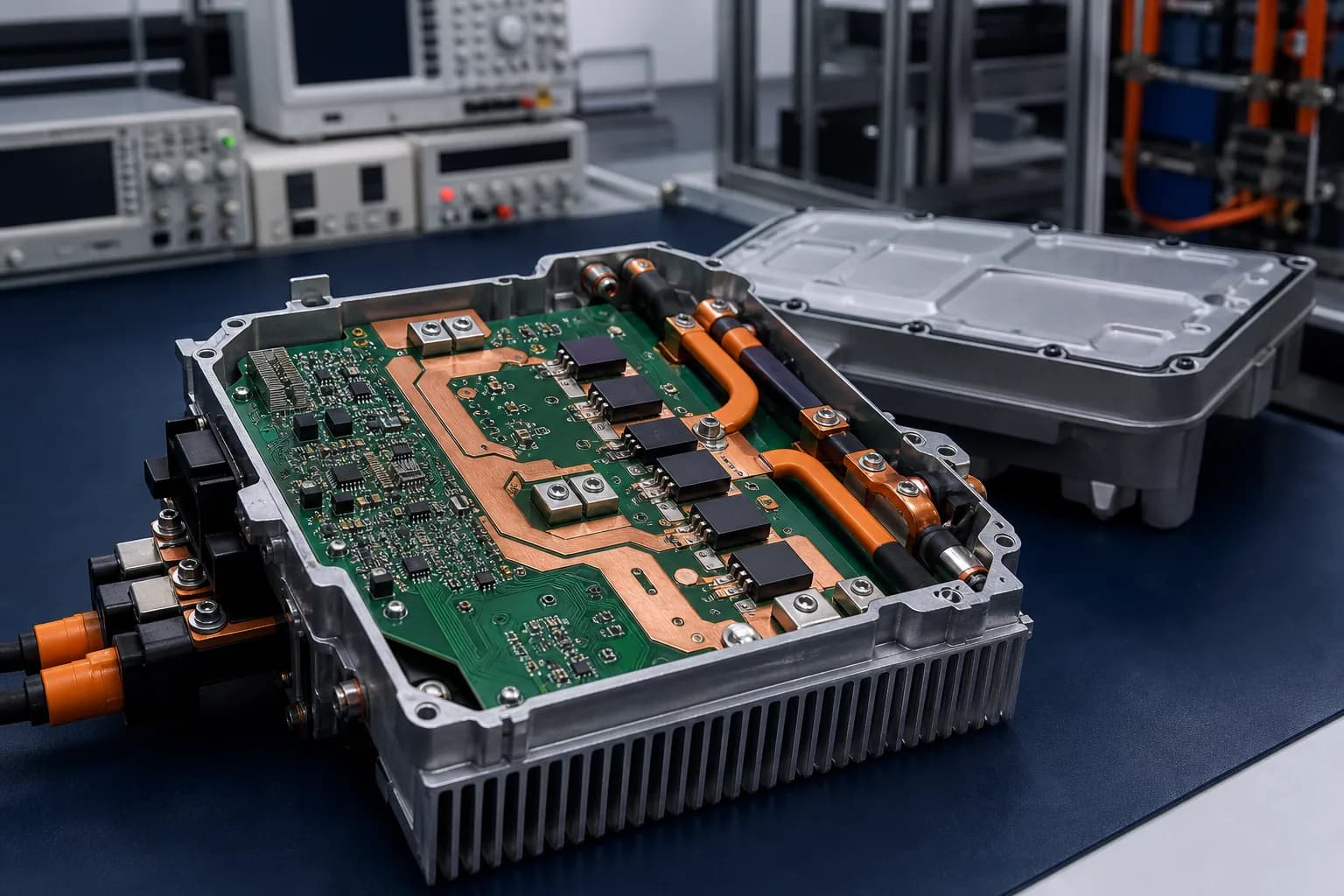Heavy-copper power electronics PCB with busbars and aluminum heat sink