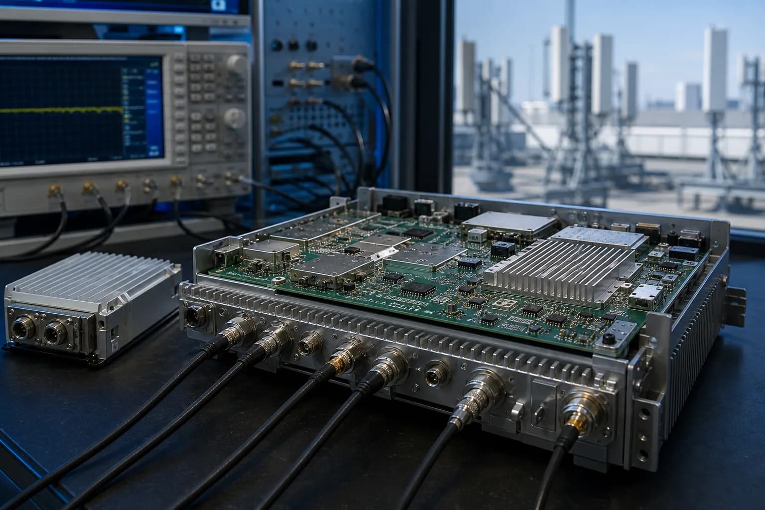 Telecom radio unit with RF PCB, coaxial connectors and shielding hardware