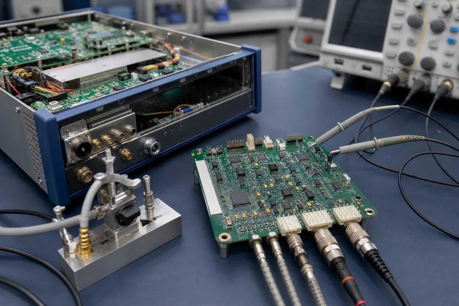 Precision instrumentation PCB with oscilloscope probes and calibration fixture