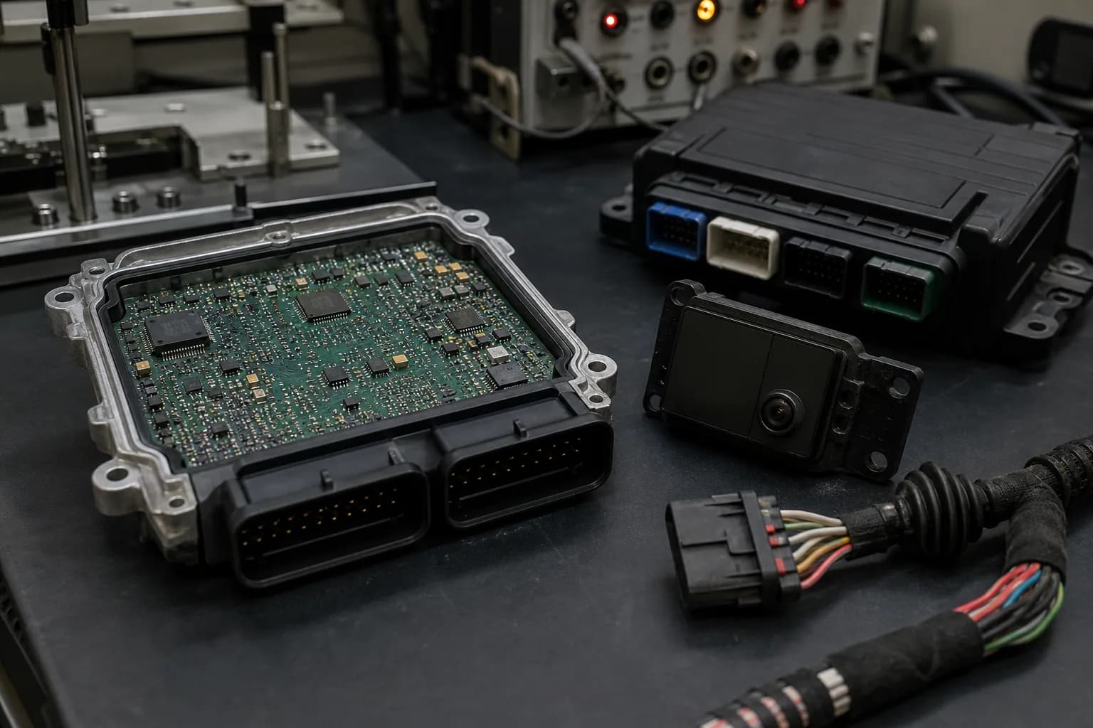 Automotive ECU and ADAS sensor PCB assemblies on an engineering validation bench