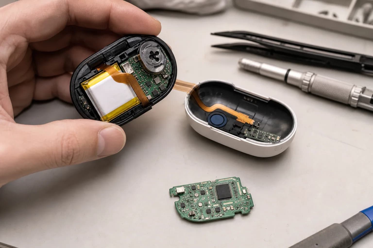 Wearable and wireless accessory PCB with flex circuit and battery under inspection