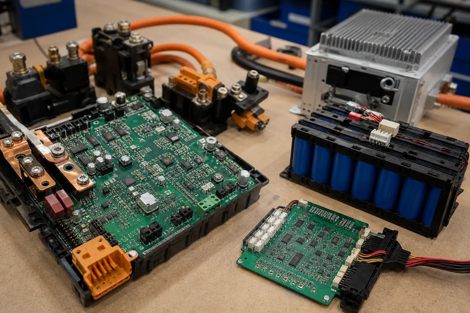 EV charger and battery management PCB assemblies beside a battery-cell pack