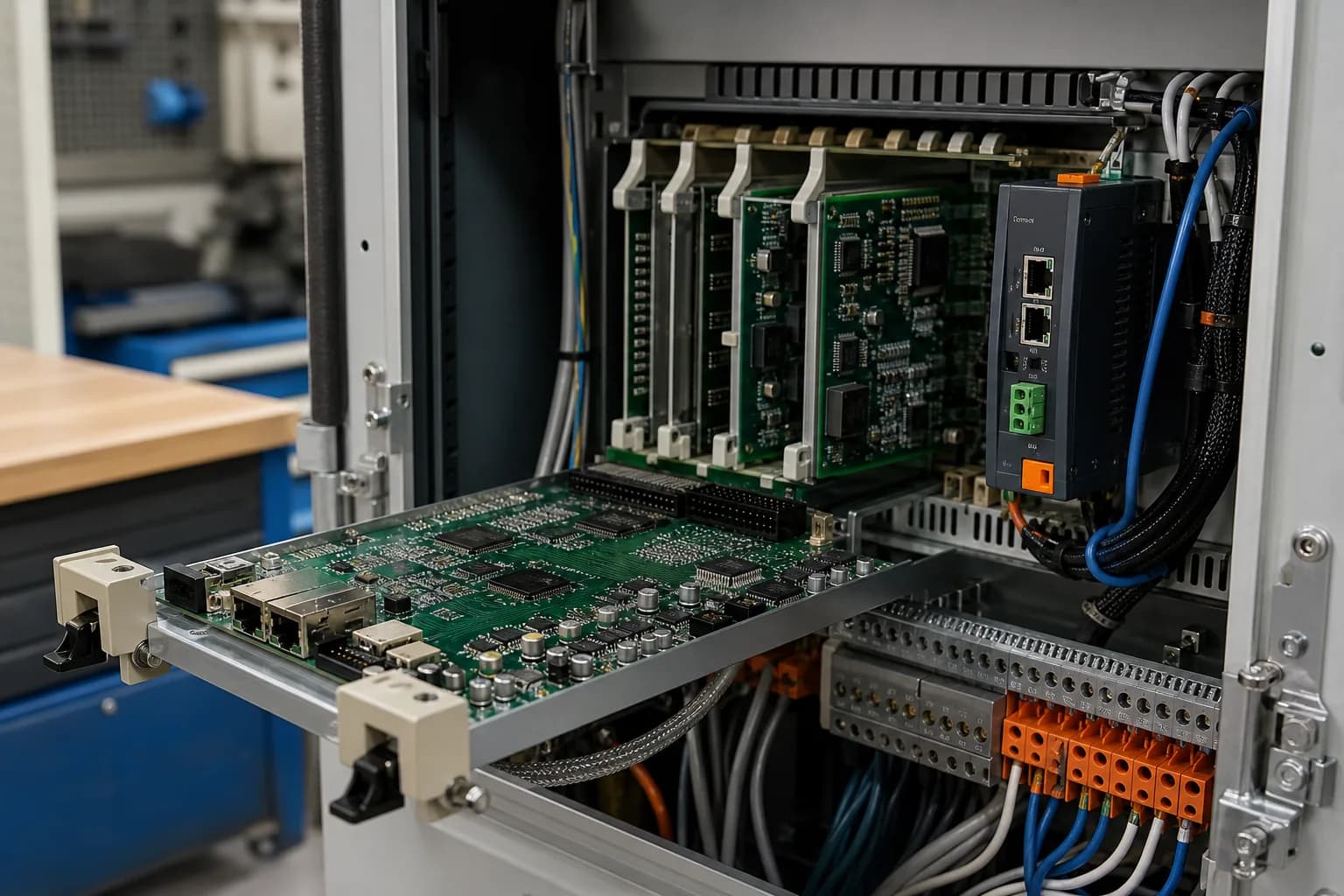 PLC and industrial gateway PCB assemblies installed in a control cabinet