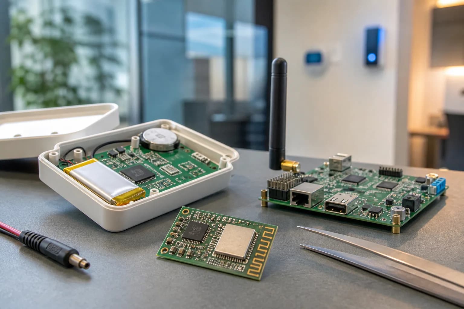 IoT sensor and smart gateway PCB modules with battery and wireless antenna