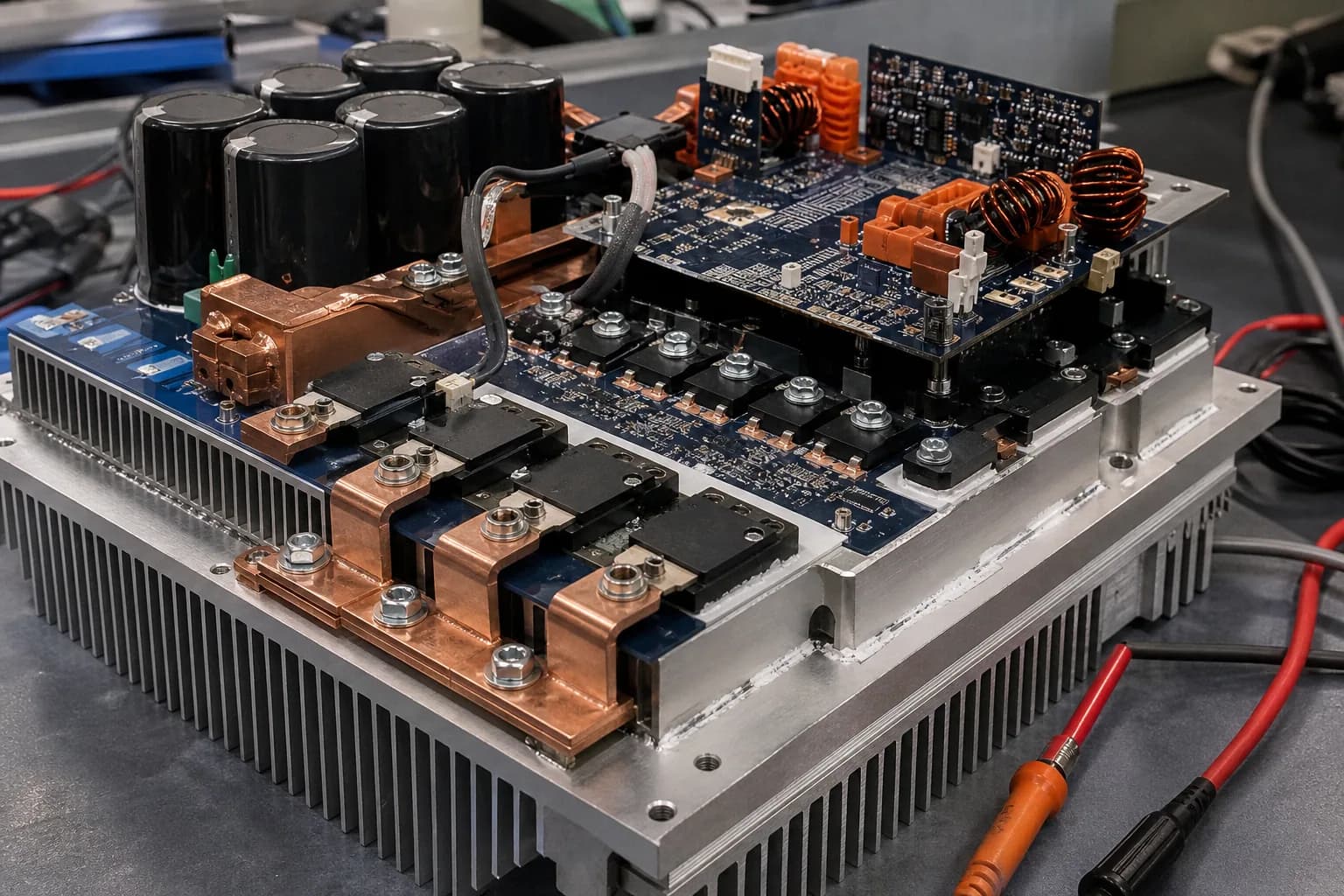 Heavy-copper inverter and motor-drive PCB with busbars and aluminum heat sink