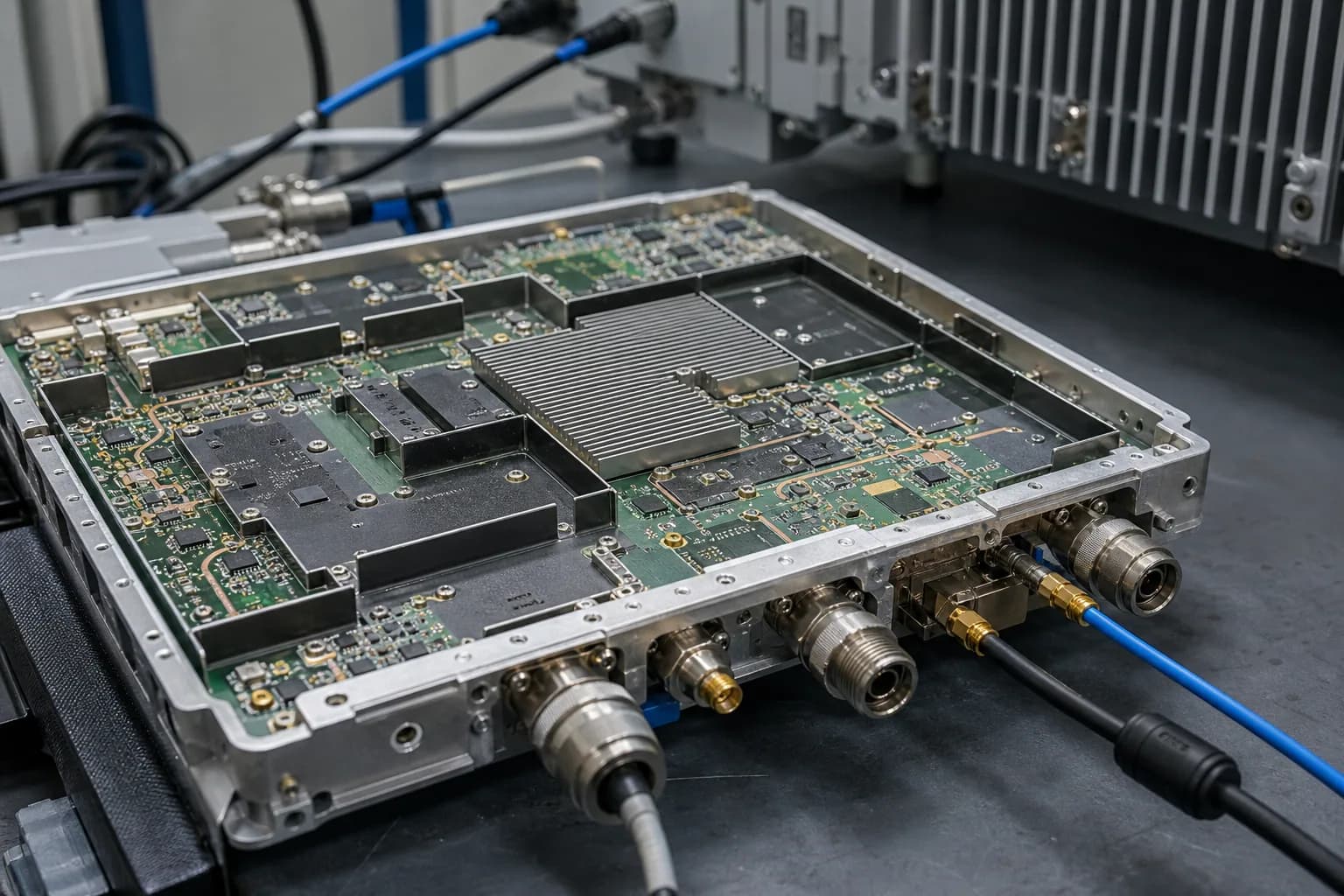 RF telecom PCB with shielding, heat spreader and coaxial connectors