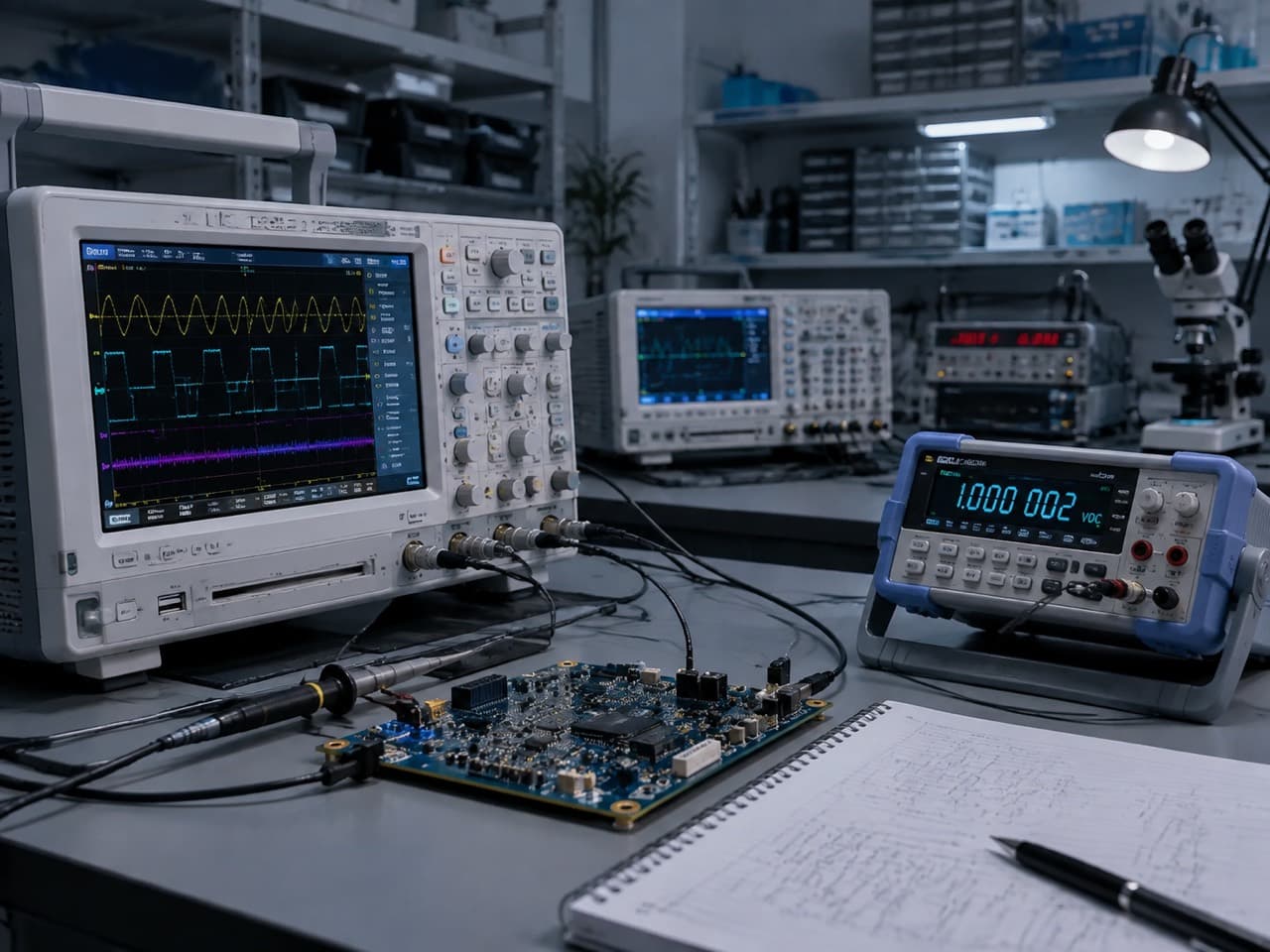 Oscilloscope, signal instruments and PCB on an electronics test bench