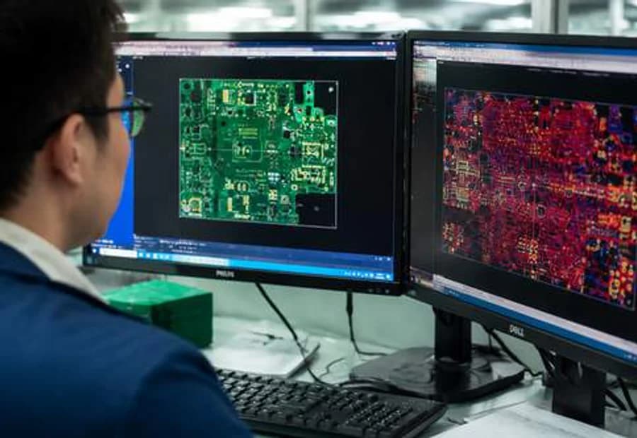 Engineer reviewing PCB layout data on dual monitors
