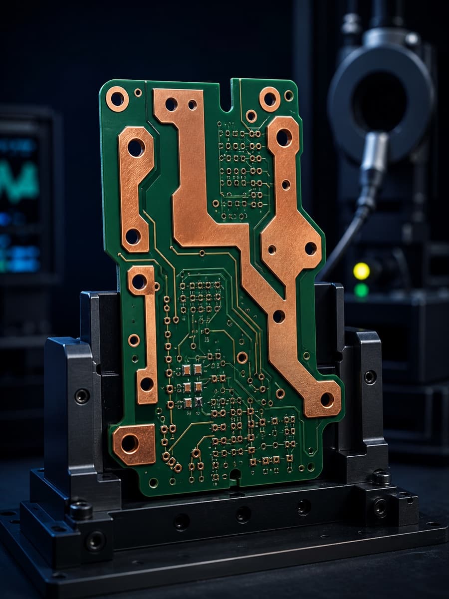 Heavy copper PCB mounted for inspection with thick power conductors