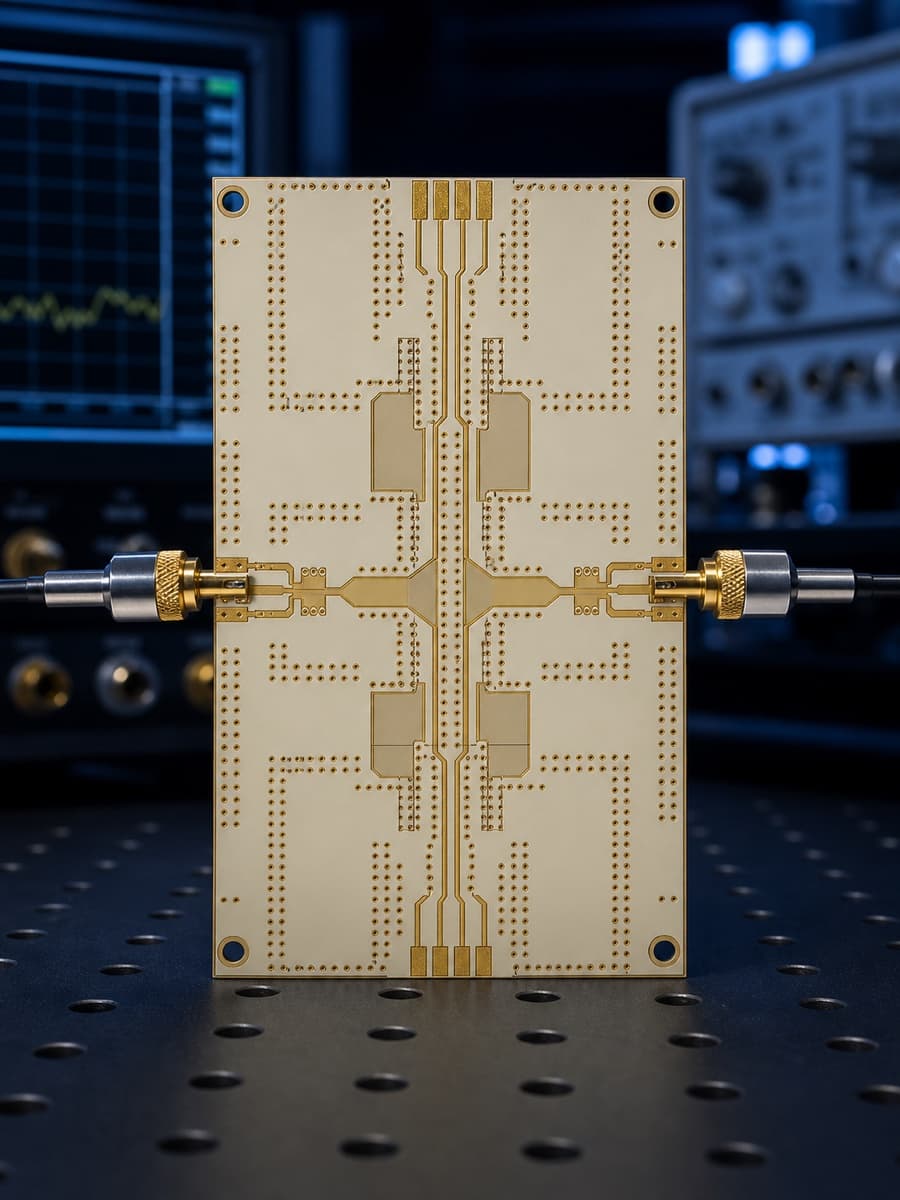 High frequency RF PCB coupon connected to precision coaxial test probes