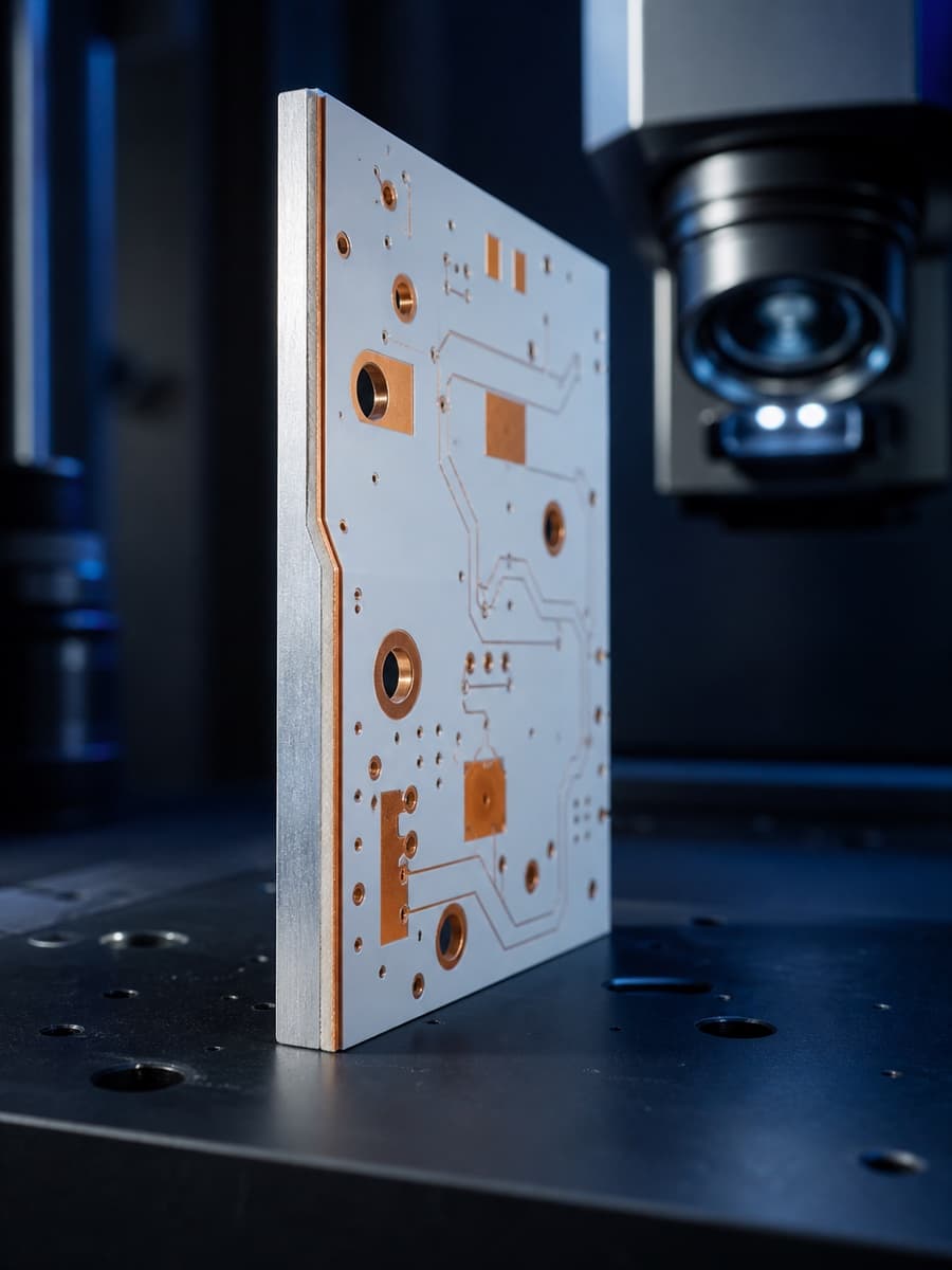 White metal core PCB showing copper circuitry and aluminum base edge