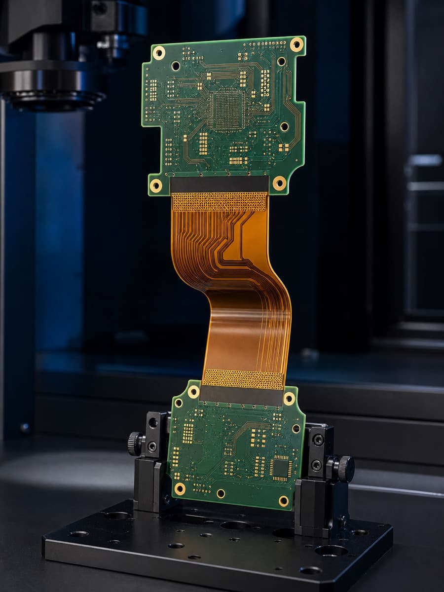Rigid-flex PCB mounted for inspection with visible rigid-to-flex transitions