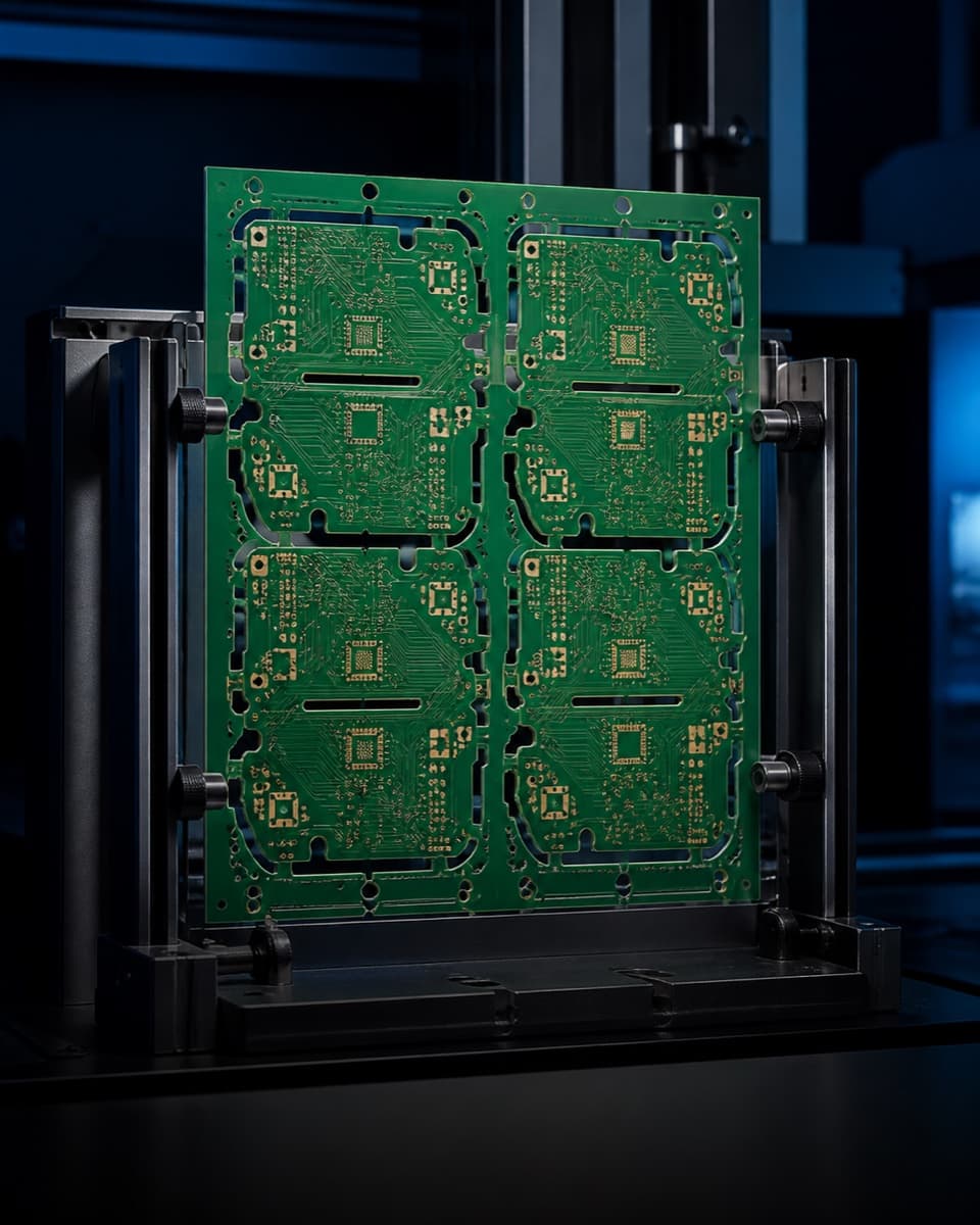 Rigid PCB panel showing routed profiles and plated holes