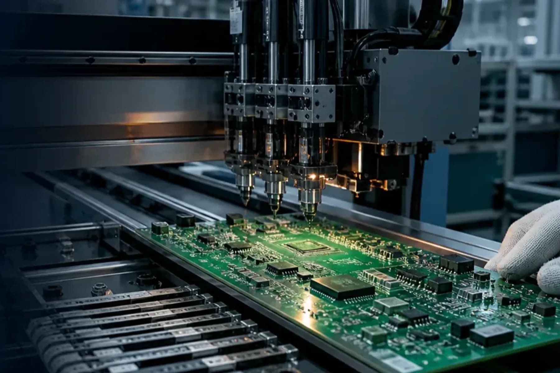 Modern PCB assembly line placing components on a green circuit board