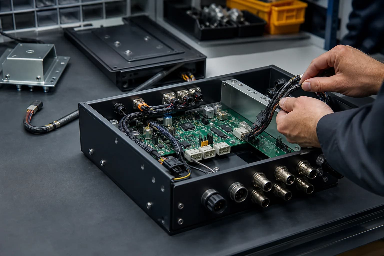 PCB box build assembly with populated board, cable harness and open enclosure