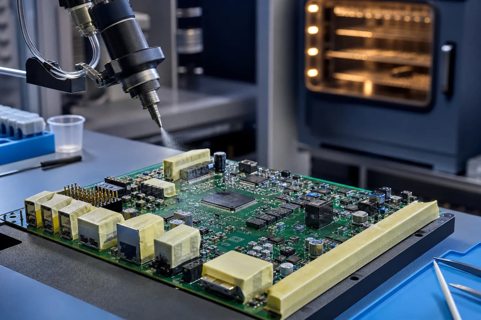 PCB conformal coating application with masked connectors and curing equipment