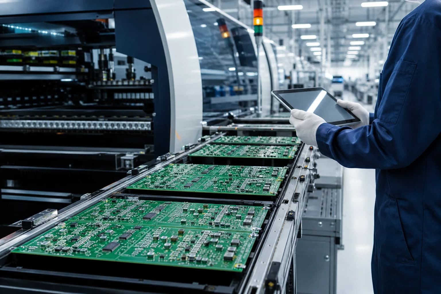 High-volume PCB assembly line with repeated populated boards and process control