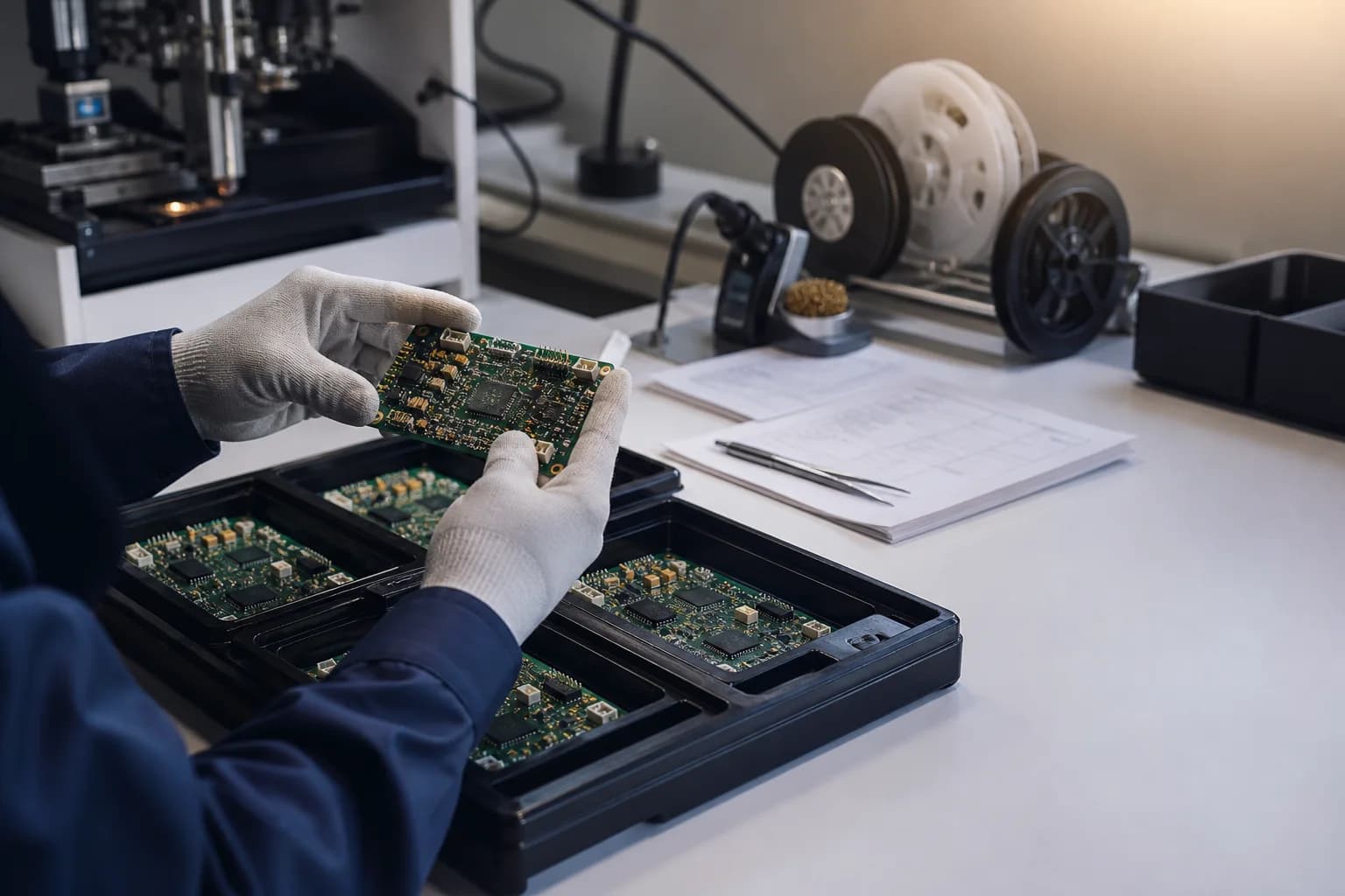 Low-volume PCB assembly pilot build with populated boards in ESD trays