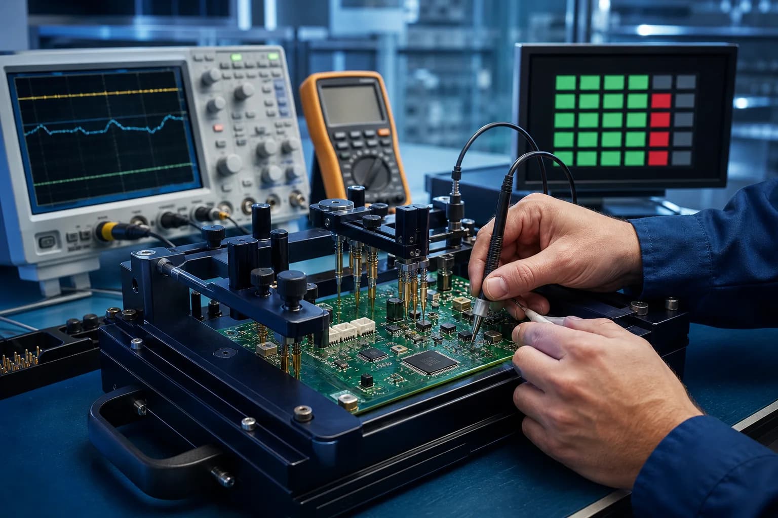 PCB testing fixture with probes, oscilloscope and functional test instruments