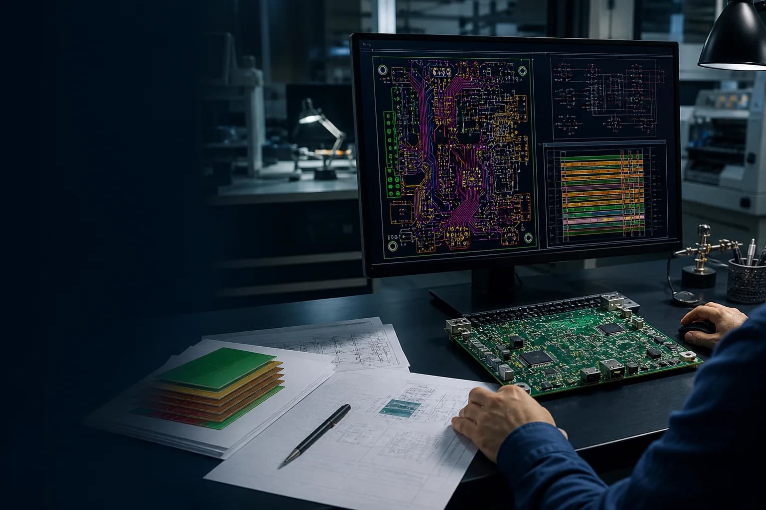 Engineer reviewing PCB CAD data, stackup drawings and a manufacturing-ready board design