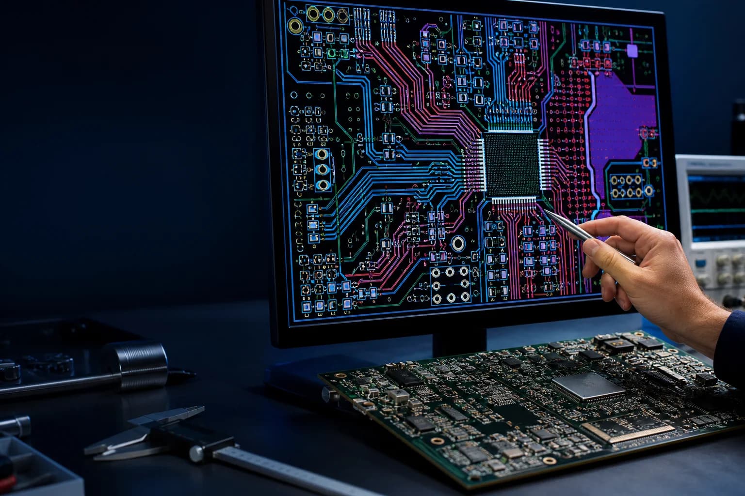 Engineer reviewing high-speed PCB layout, impedance-controlled routing and a populated board