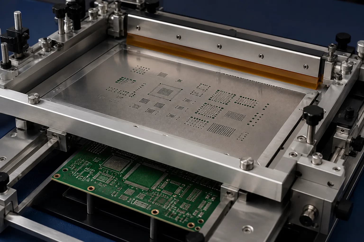 SMT stencil and tooling aligned over a PCB for solder paste printing