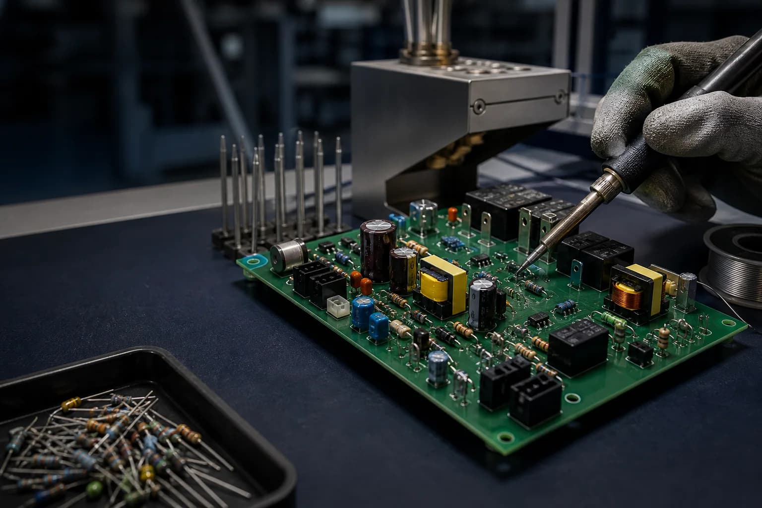 Through-hole PCB assembly with leaded components and selective soldering tools