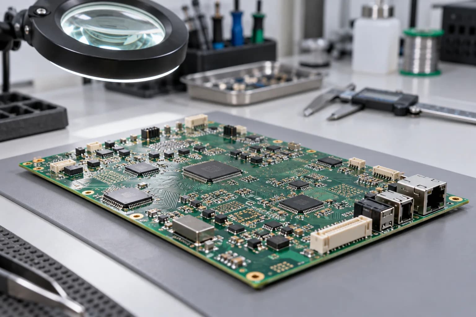 AI-generated illustration of a populated PCB on an engineering workbench