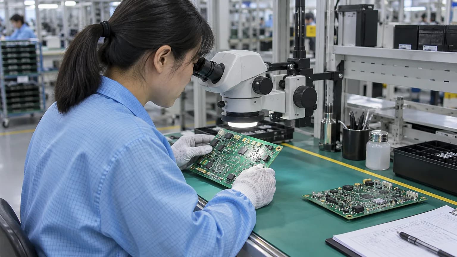 AI-generated illustration of a technician inspecting a populated PCB