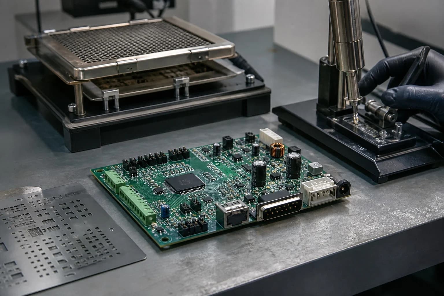 Mixed-technology PCBA with SMT and through-hole components on an assembly workbench