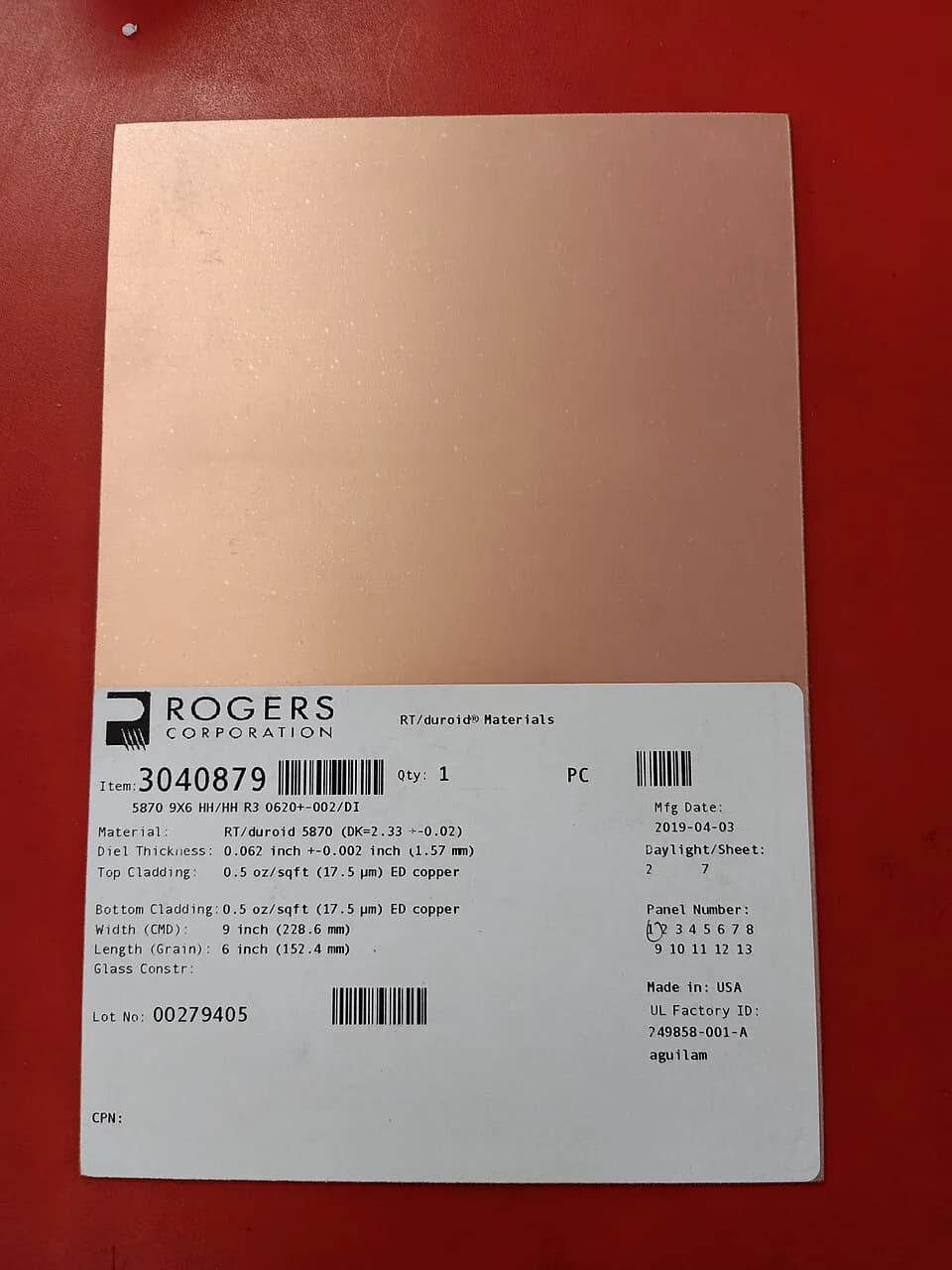 Rogers RT duroid copper clad microwave laminate sheet
