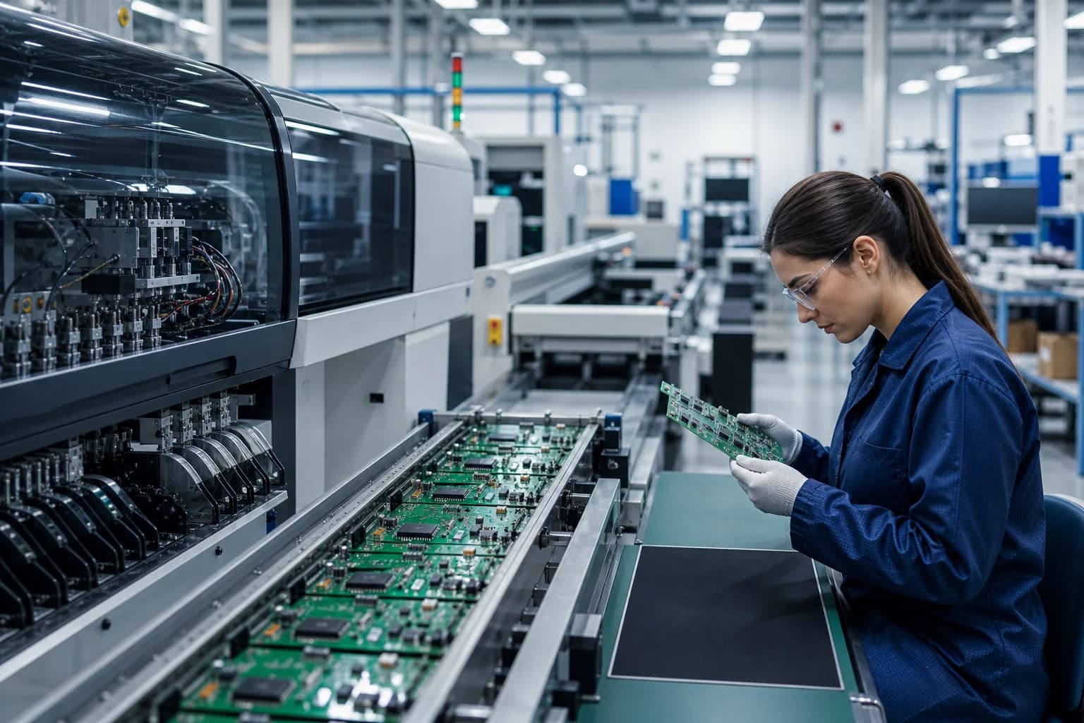 PCB assembly process with placement, reflow, inspection and testing