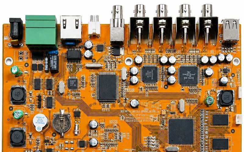 Finished orange printed circuit board populated with connectors and electronic components