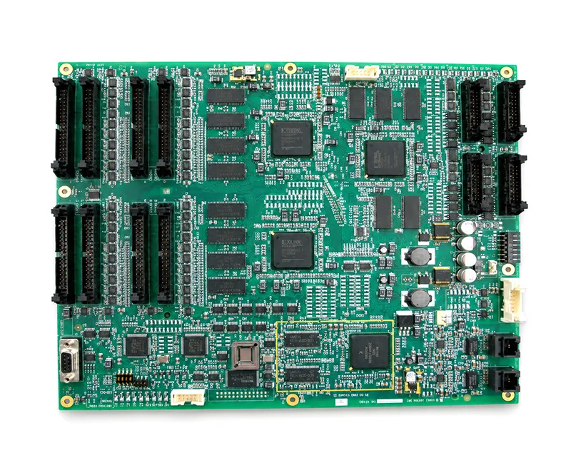 A mixed-technology PCBA combining surface-mount and through-hole components