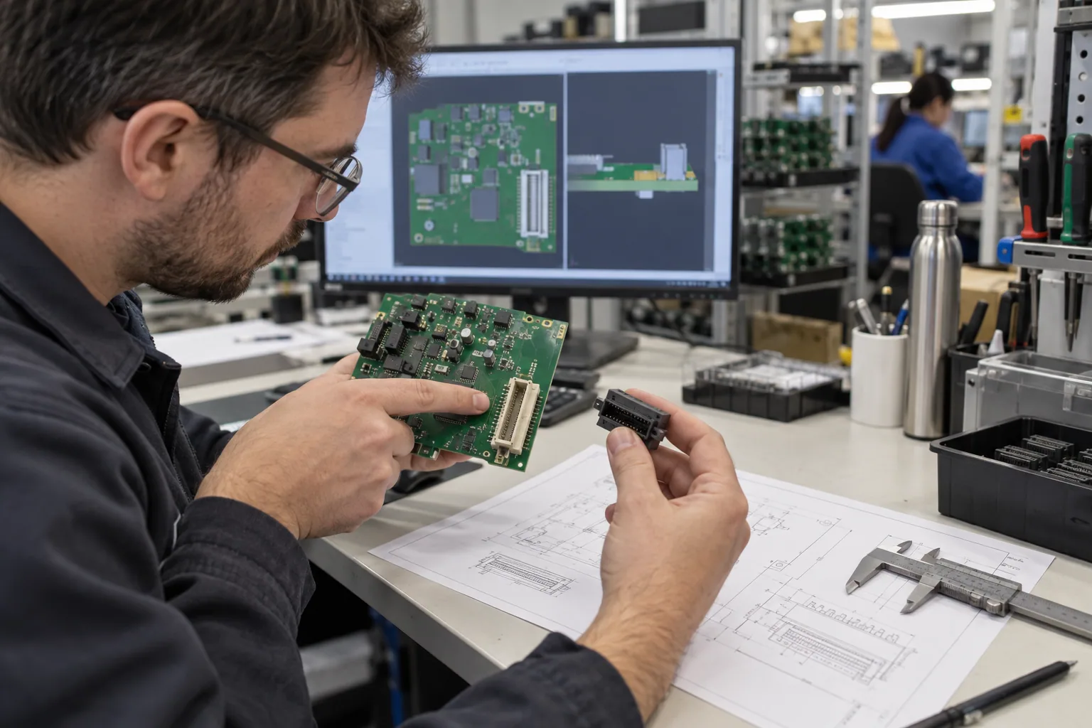 Illustration générée par l'IA: vérifications techniques PCB raccord de connecteur et jeu mécanique contre un dessin