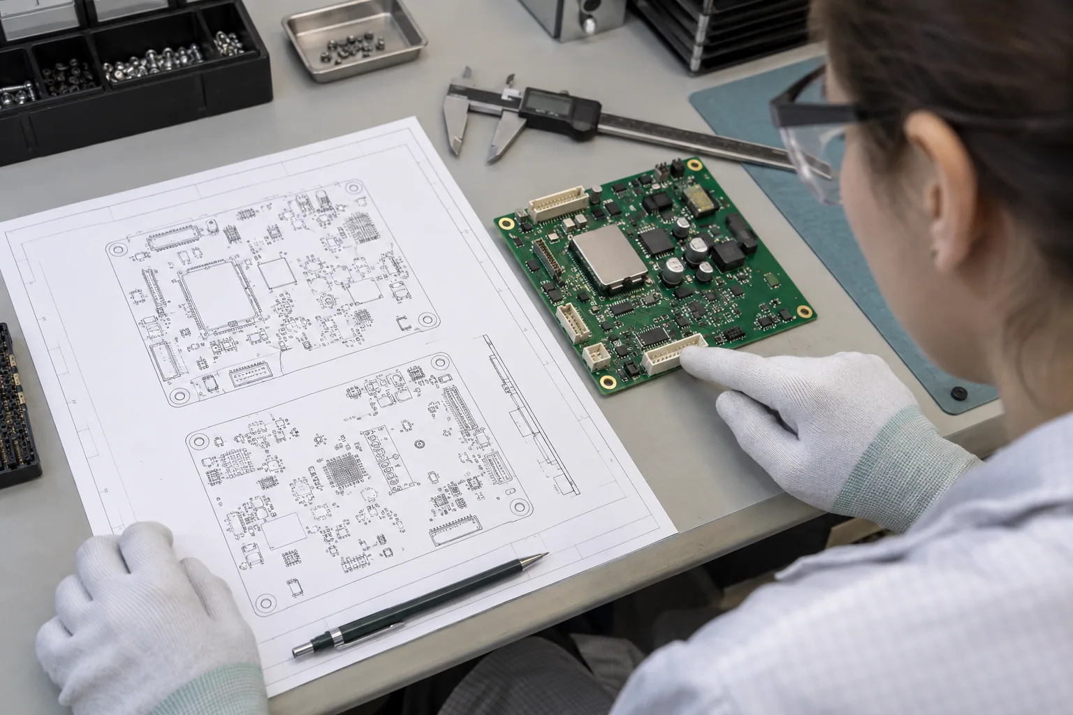 Illustration générée par l’IA : un ingénieur compare les vues assemblage PCB avec la carte physique