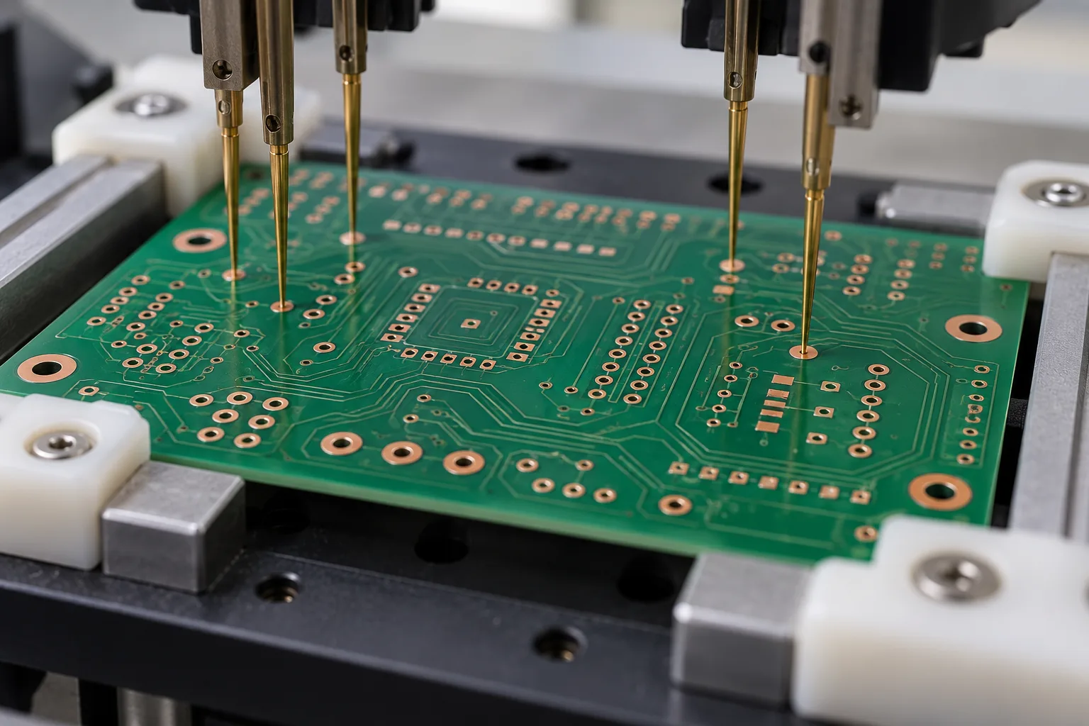 Ilustração gerada por IA de uma PCB nua genérica em uma configuração de sonda elétrica; não é equipamento PCBArise ou um resultado de teste real