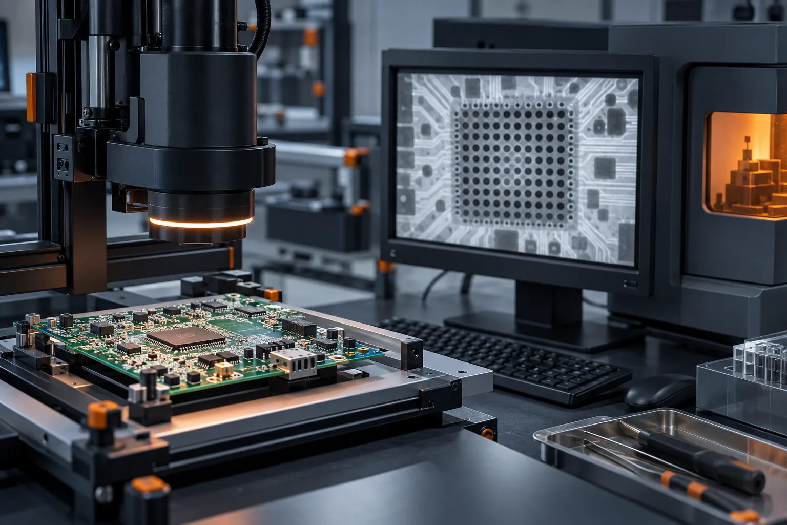 AI-generated editorial scene: PCB under inspection beside a BGA X-ray image