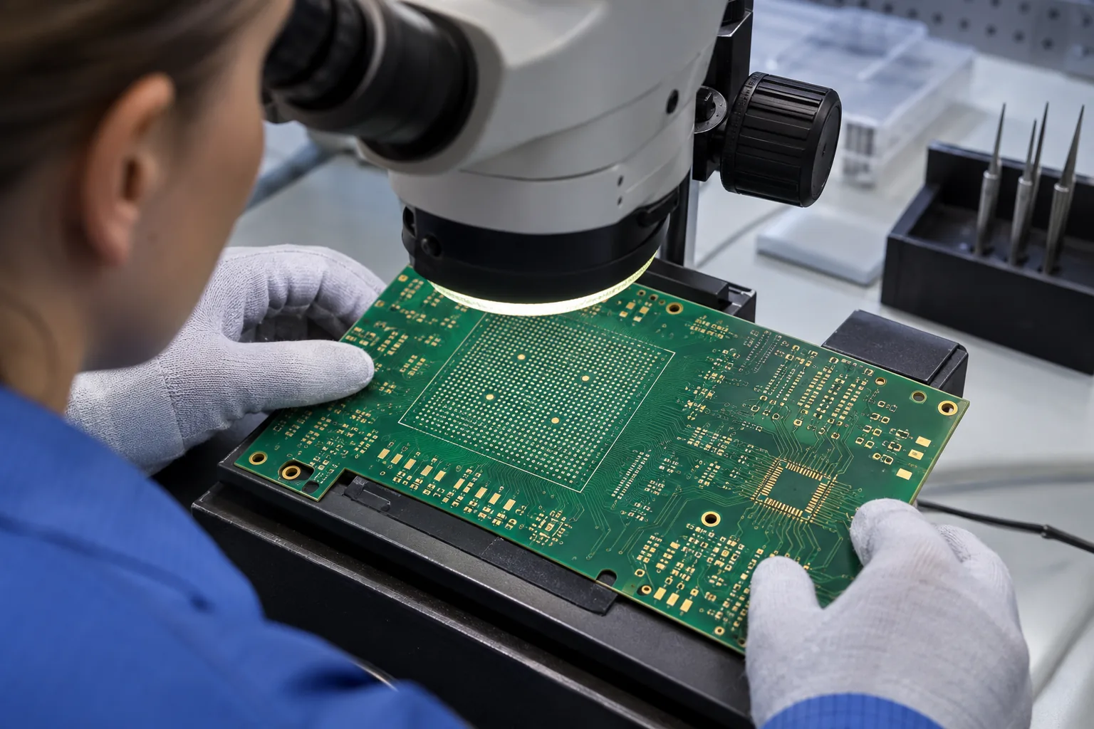 AI-generated illustration: technician inspecting fine-pitch BGA land pattern on an unpopulated PCB under a microscope