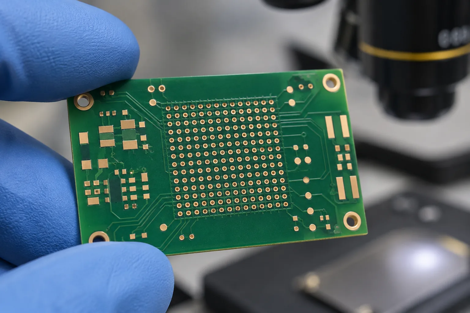 AI-generated illustration: close detail of BGA pad array and adjacent PCB routing features