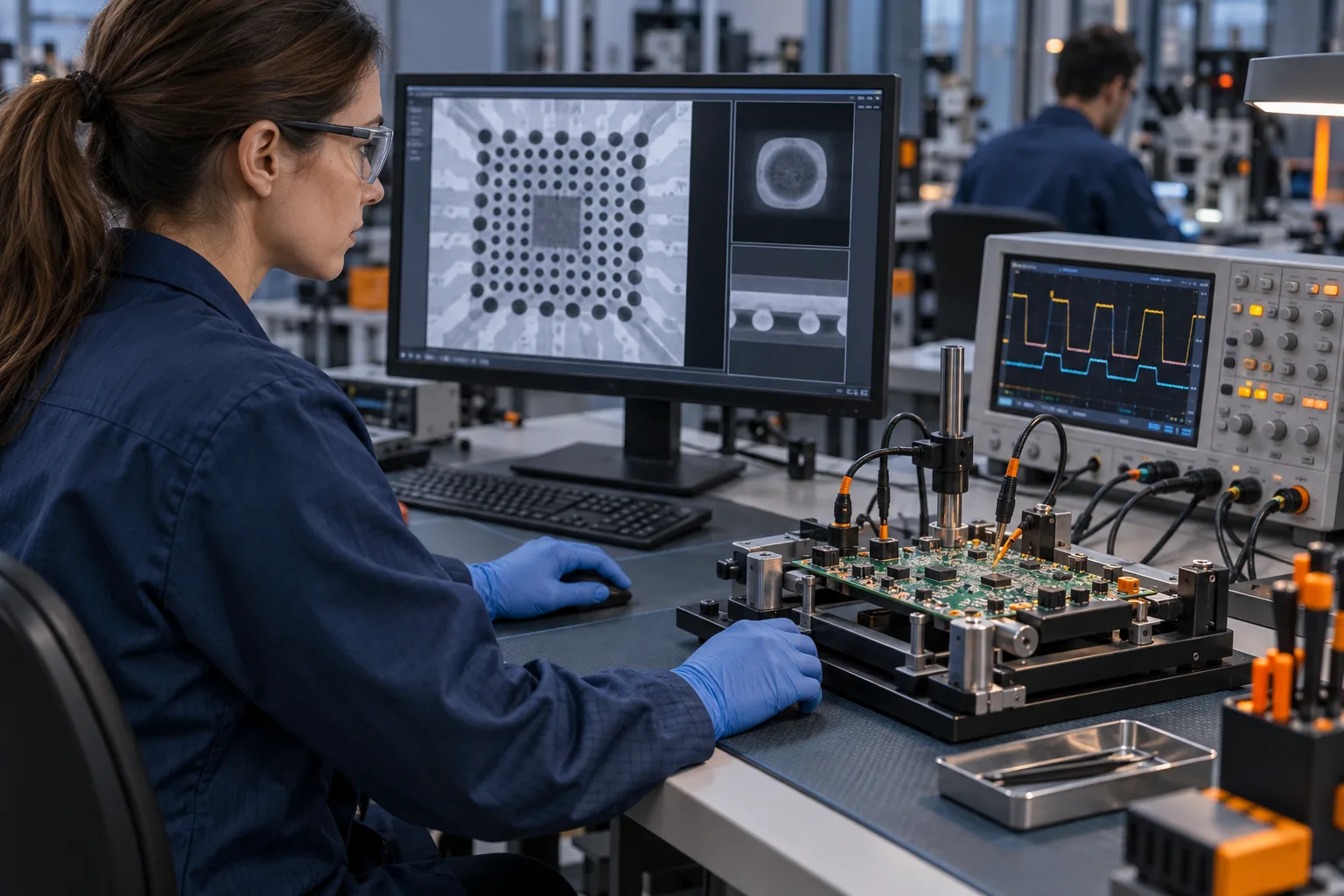AI-generated editorial scene: Engineer reviewing BGA X-ray and electrical test results
