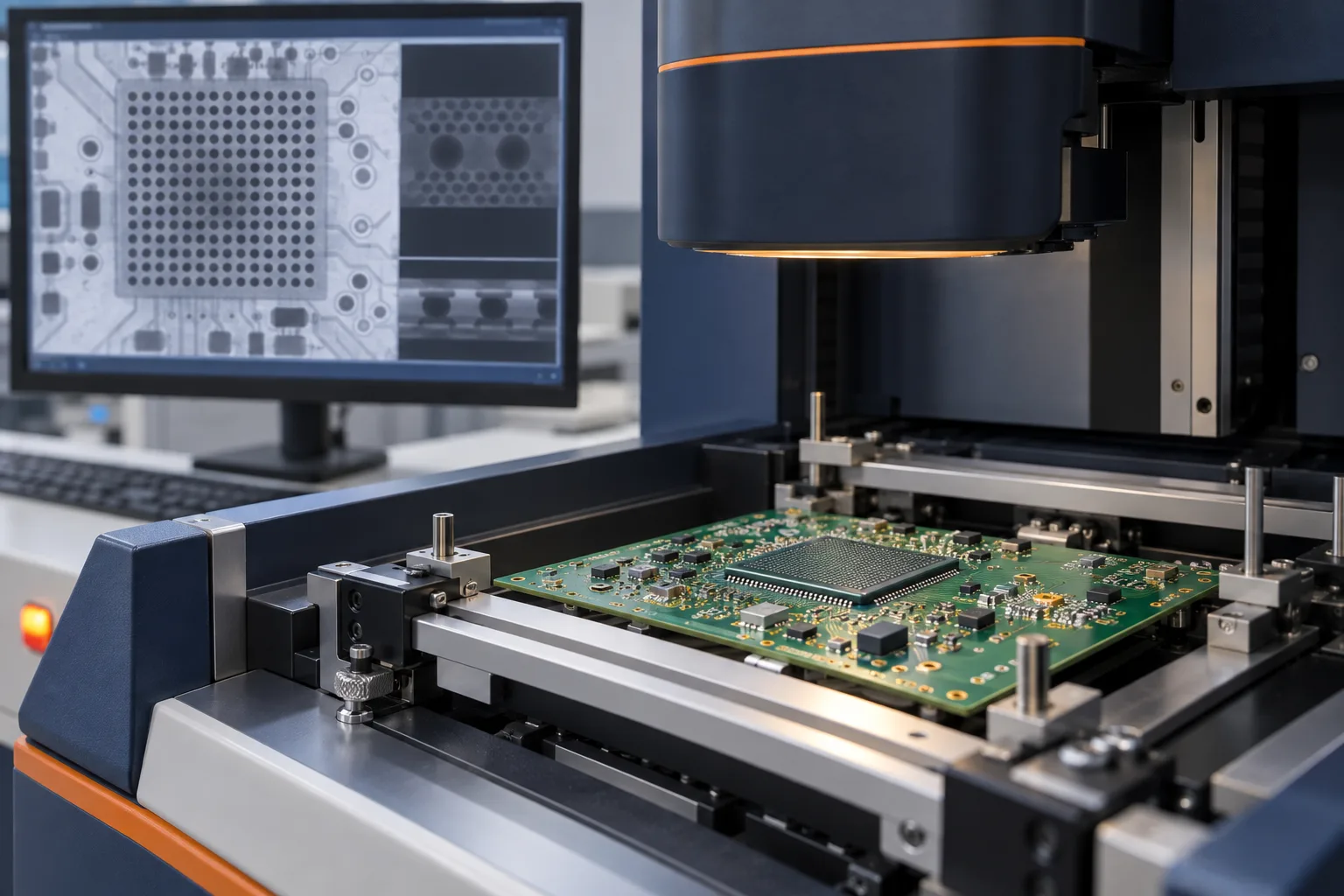 AI-generated editorial scene: BGA PCBA inside an X-ray inspection workstation