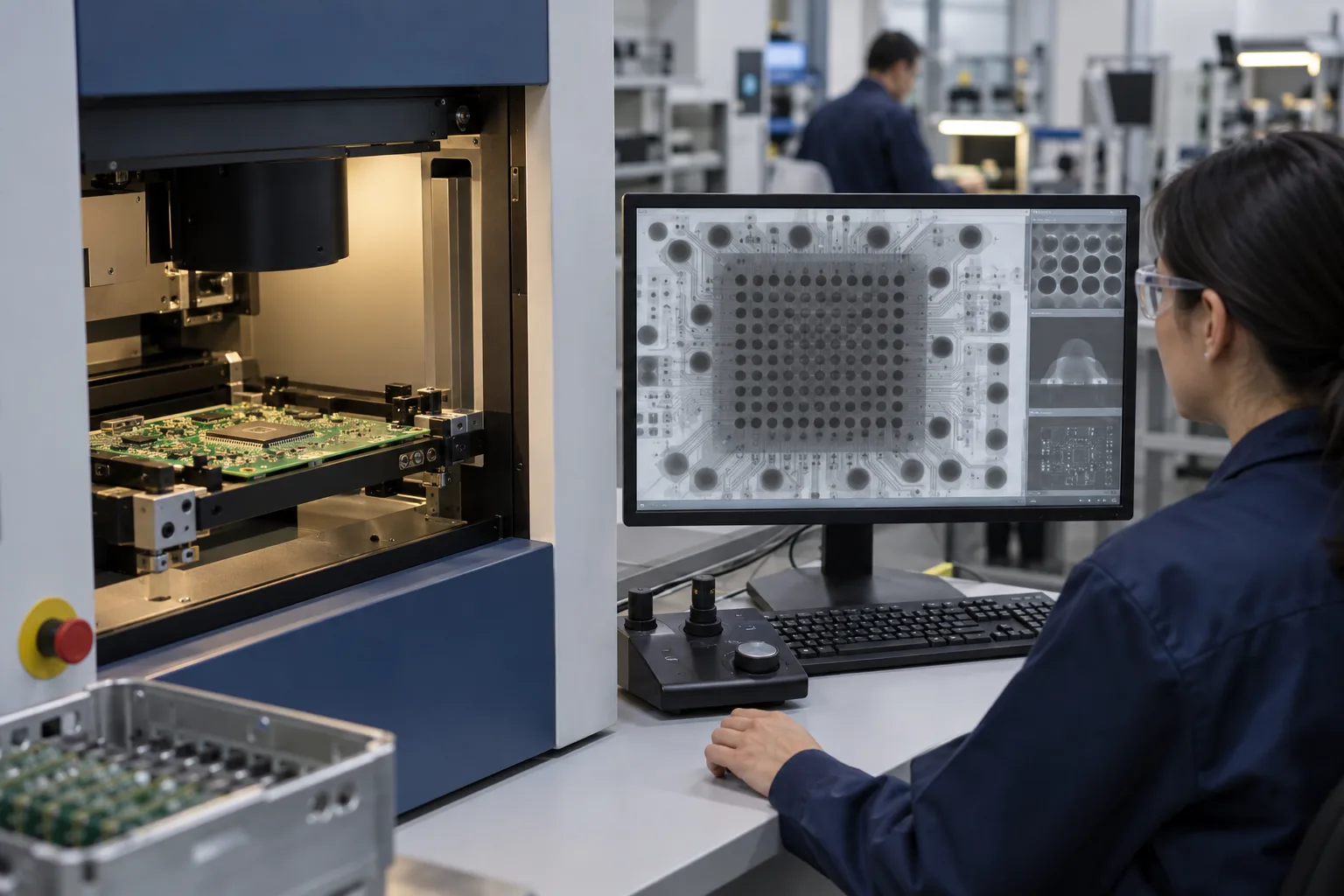 AI-generated editorial scene: BGA X-ray inspection in a PCB or PCBA production context